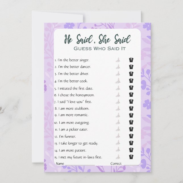 Invitation Il A Dit Qu'Elle A Dit Fête des mariées Game (Devant)