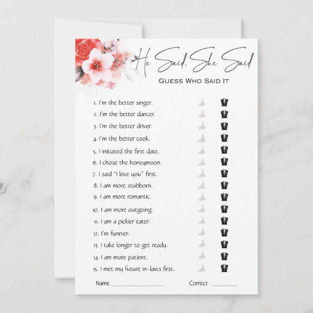 Invitation Il A Dit Qu'Elle A Dit Fête des mariées Game (Devant)