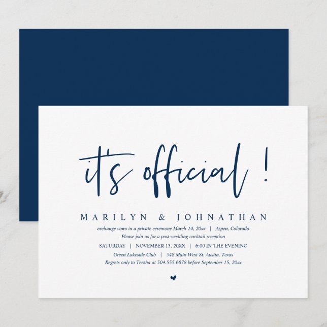 Invitation Il est officiel, Mariage Elopement Dîner et Parti (Devant / Derrière)