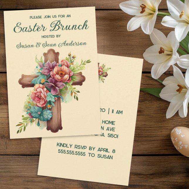 Invitation Il est ressuscité Aquarelle Floral Cross Pâques Br (Créateur téléchargé)