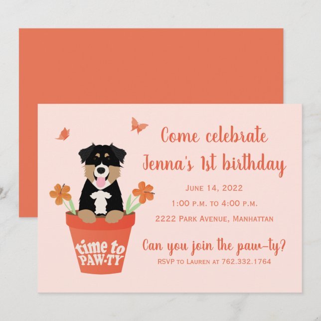 Invitation Il Est Temps De Pawty Australian Shepherd Dogs (Devant / Derrière)