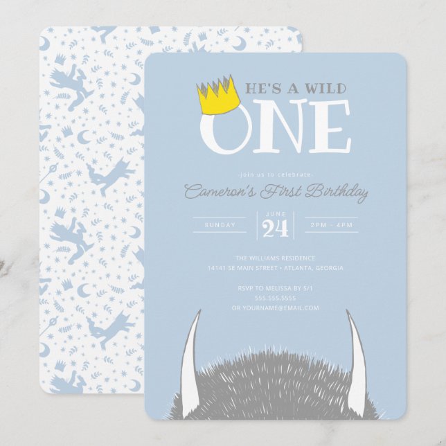 Invitation Il est un sauvage - 1er anniversaire Couronne bleu (Devant / Derrière)