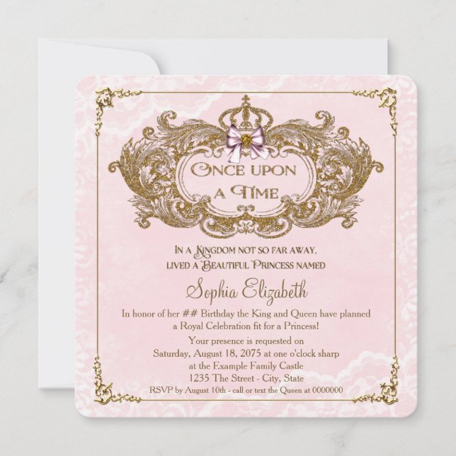 Invitation Il était une fois filles princesse fête d'annivers (Devant)