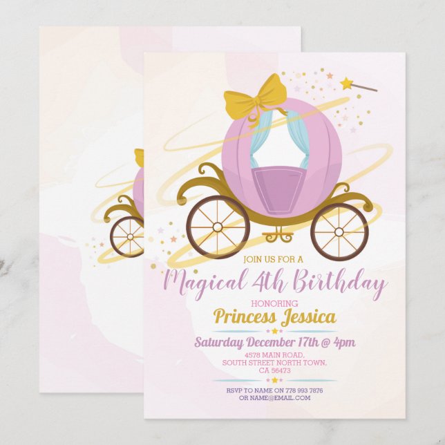Invitation Il était une fois Princesse Anniversaire Transport (Devant / Derrière)
