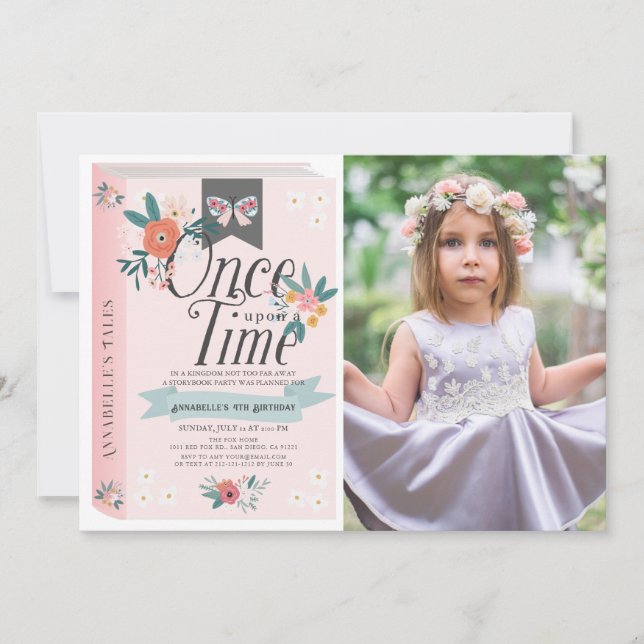 Invitation Il était une fois rose florale photo Anniversaire (Devant)