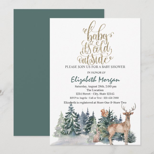 Invitation Il fait froid à l'extérieur Baby shower vert renne (Devant / Derrière)