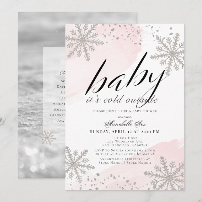 Invitation Il fait froid dehors Baby shower d'aquarelle rose  (Devant / Derrière)