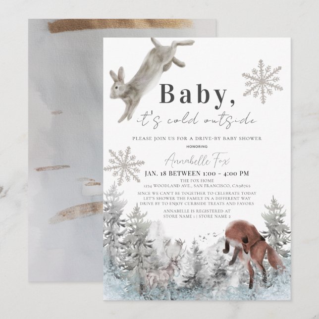 Invitation Il fait froid hors des animaux Baby shower au vola (Devant / Derrière)