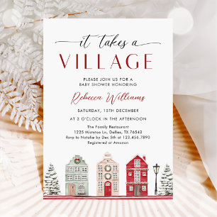 Invitation Il faut tout un village pour un bébé pour Noël en 