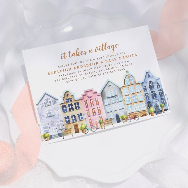 Invitation Il Faut Un Baby shower De Village Neutre Sur Le Se (Créateur téléchargé)