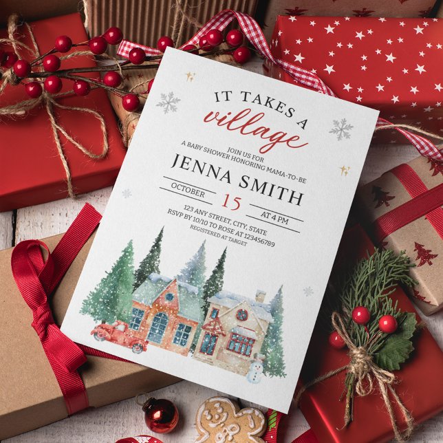 Invitation Il faut un Baby shower d'hiver de Noël Village (Gender Neutral It takes a Village Christmas Winter Wonderland Festive Baby Shower Invitation)