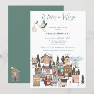 Invitation Il faut un Baby shower d'hiver village avec cigogn