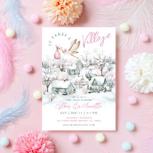 Invitation Il Faut Un Village Stork Winter Girl Baby shower
