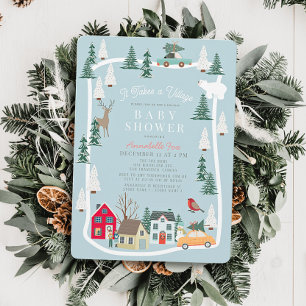 Invitation Il Faut Un Village Vacances Baby shower Bleu Ville