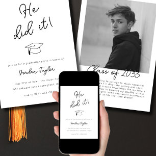 Invitation Il l'a fait Photo Graduation Party noir et blanc