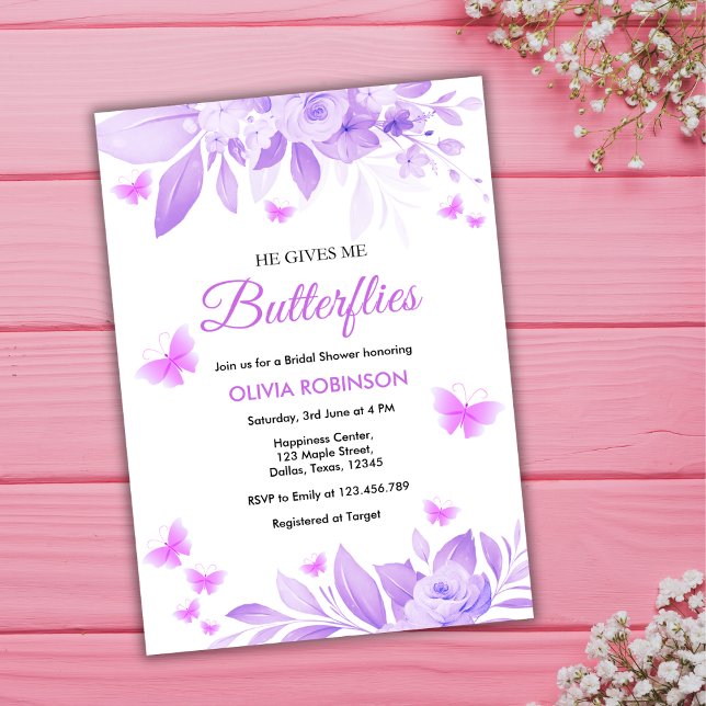 Invitation Il Me Donne Des Papillons Violets Fête des mariées (He Gives Me Butterflies Purple Bridal Shower Invitation )