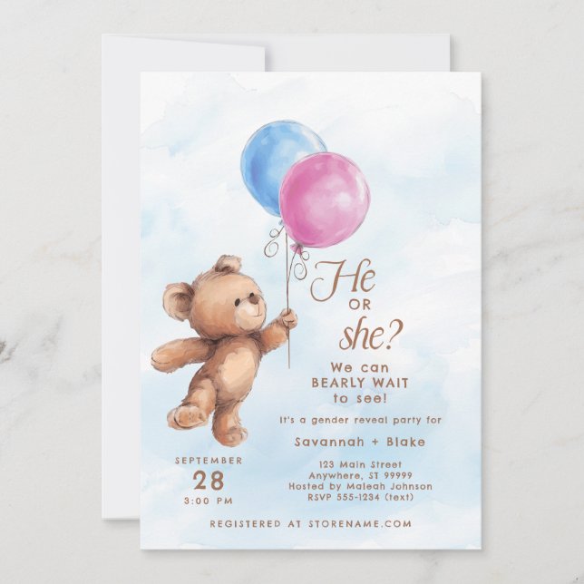 Invitation Il ou elle attend bébé Teddy Ours Genre Reved (Devant)