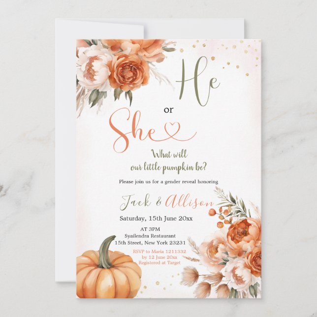 Invitation Il ou elle Rustic Fall Floral Citrouille Genre Rev (Devant)