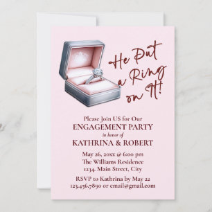 Invitation Il Y A Mis Une Bague ! Parti d'engagement rose