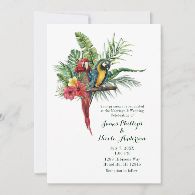 Invitation Île Paradise Birds Mariage floral tropical (Devant)