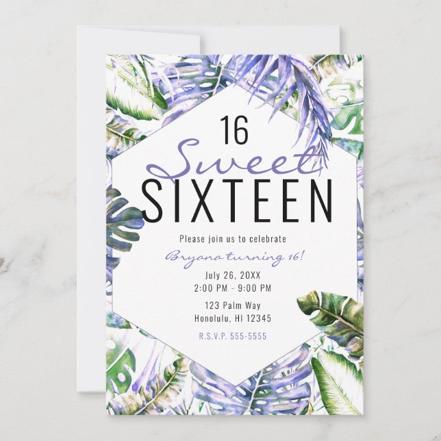 Invitation Île Purple Lilac Tropical Palm Feuille Sweet 16 (Devant)