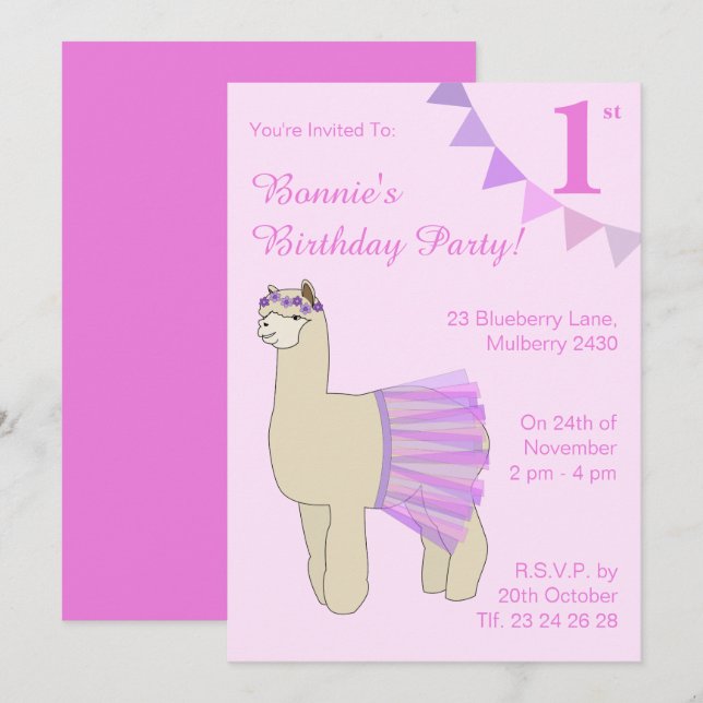 Invitation illusima Ballerina Llama Girls Drapeaux roses Anni (Devant / Derrière)