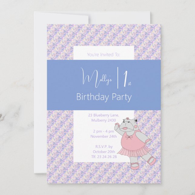 Invitation illusima Blue Ballerina Hippo 1er anniversaire (Devant)