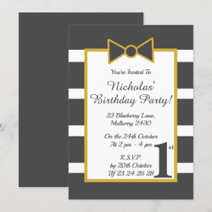 Invitation illusima Gris Gold Stripy Boys Bow fête d'annivers