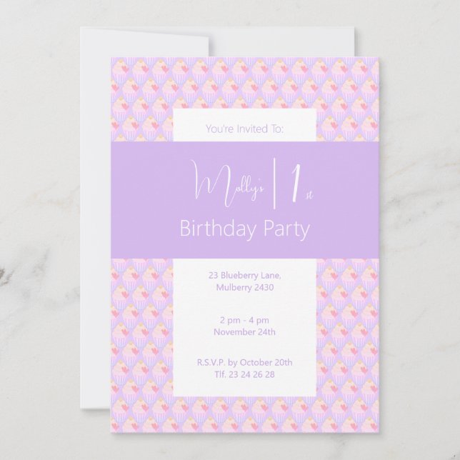 Invitation illusima Rainbow Cupcake clair pourpre 1er anniver (Devant)