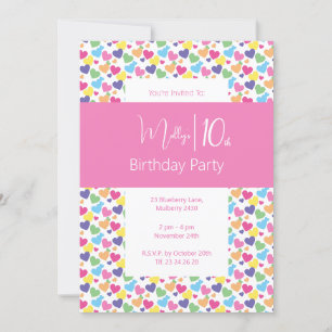 Invitation illusima Rainbow Love Hearts Girls 10th Birthday