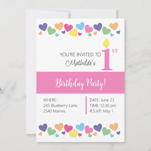 Invitation illusima Rainbow Love Hearts, rose 1er anniversair (Devant)
