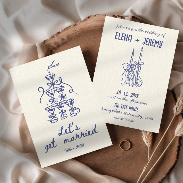 Invitation Illustration à la main Retro Français Blue Quirky  (Let's get married Funny Whimsical Quirky Hand Illustrated Blue French Vintage Wedding Invitation )