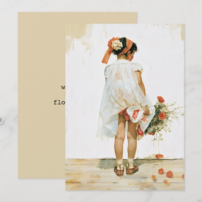 Invitation Illustration aquarelle de fille aux fleurs (Devant / Derrière)