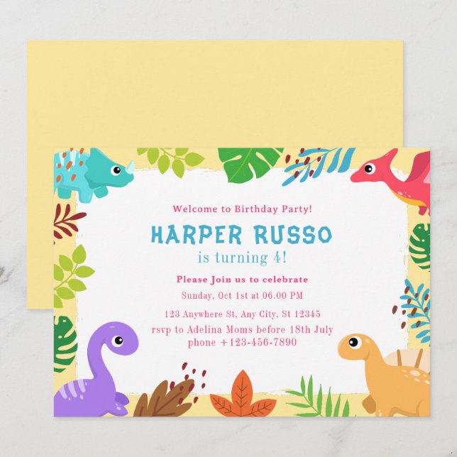 Invitation Illustration Colorful Cute Dino Anniversaire (Devant / Derrière)