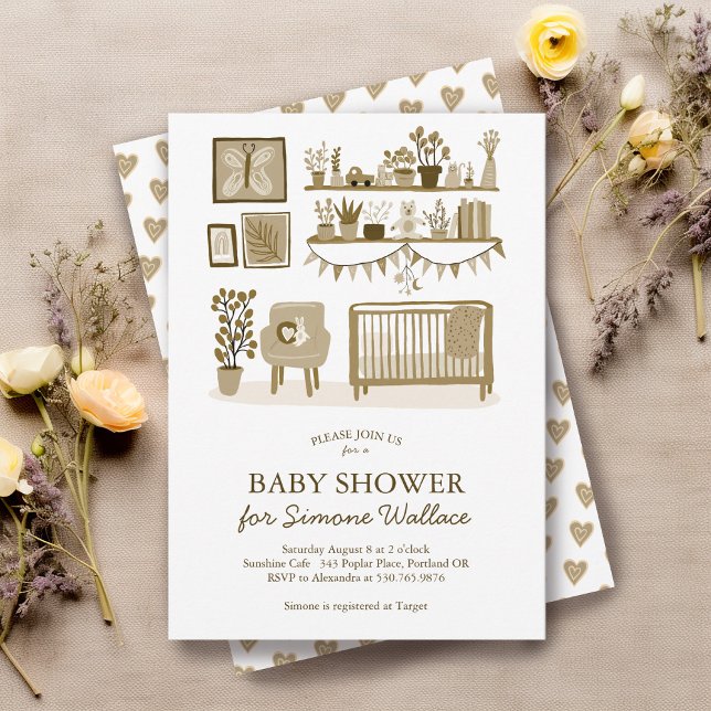 Invitation Illustration Cute Nursery BABY SHOWER PERSONNALISÉ (Cute Nursery Illustration CUSTOM BABY SHOWER Invitation
neutral colors baby crib )