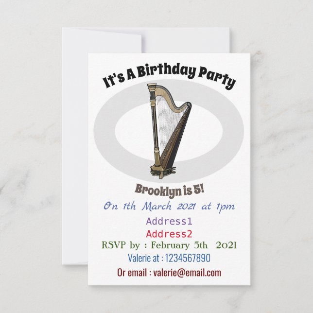 Invitation Illustration de dessin animé sur la harpe (Devant)