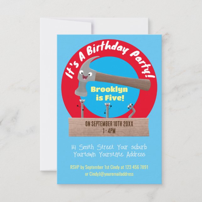 Invitation Illustration de dessin mignon, marteau et ongles (Devant)