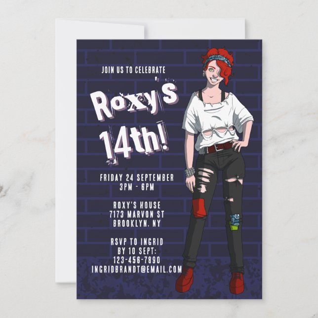 Invitation Illustration de fille Ado punk 14e anniversaire (Devant)