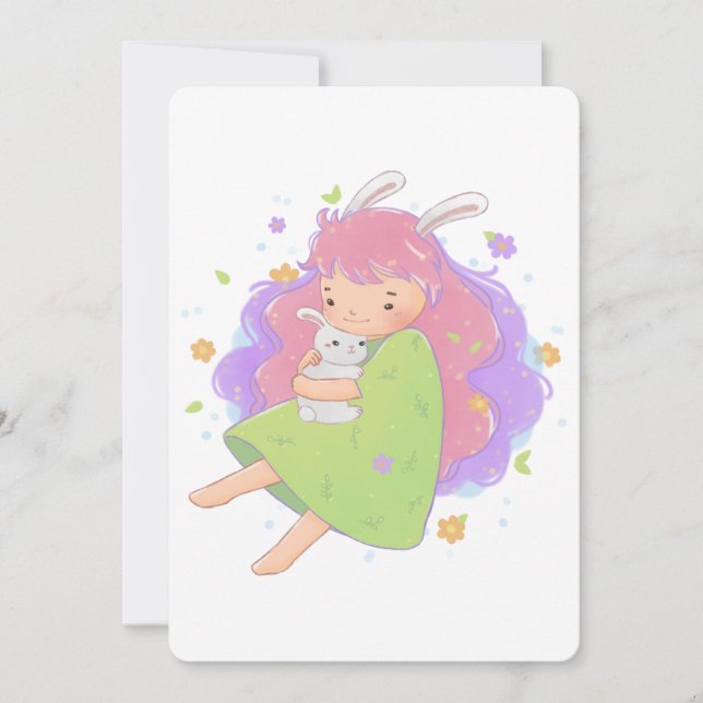 Invitation Illustration de la fille de lapin de printemps (Devant)