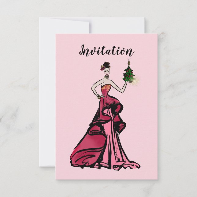 Invitation Illustration de la mode de Noël avec arbre (Devant)
