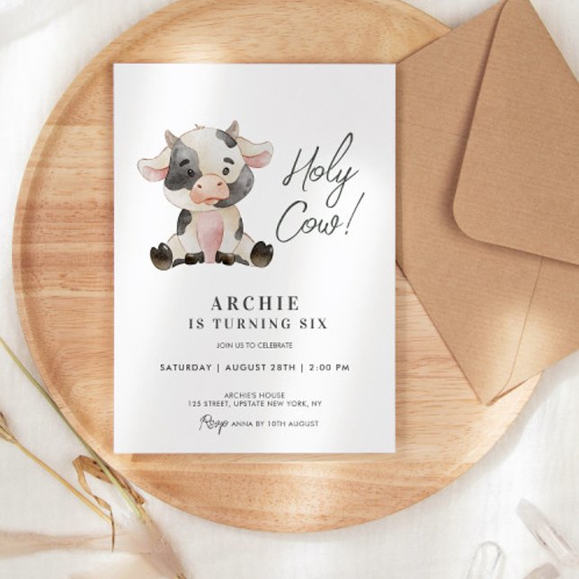 Invitation Illustration de l'aquarelle de la vache sainte fêt (Holy Cow Birthday party invitation template digital or printed, farm cowboy invite party )