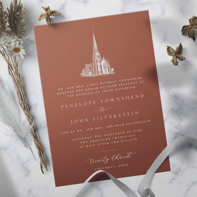 Invitation Illustration de l'église élégante Orange Mariage f (Burnt orange formal wedding invitation with an illustration of a church)