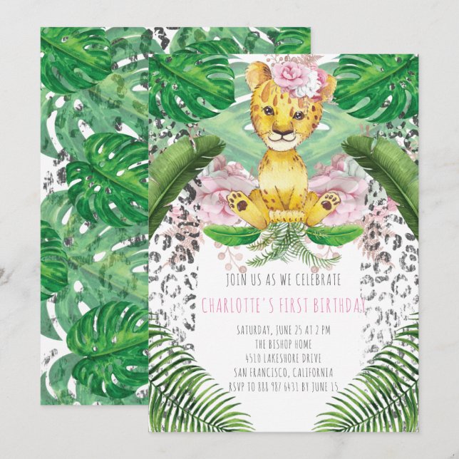 Invitation Illustration de Lion Fille Safari premier annivers (Devant / Derrière)