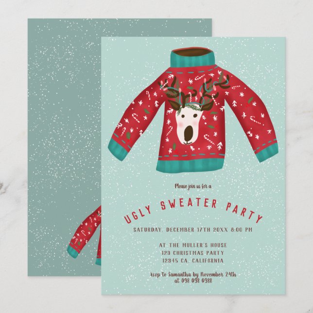 Invitation Illustration de Noël d'un chandail de rennes amusa (Devant / Derrière)