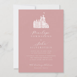 Invitation Illustration du château Script Dusty Rose Mariage