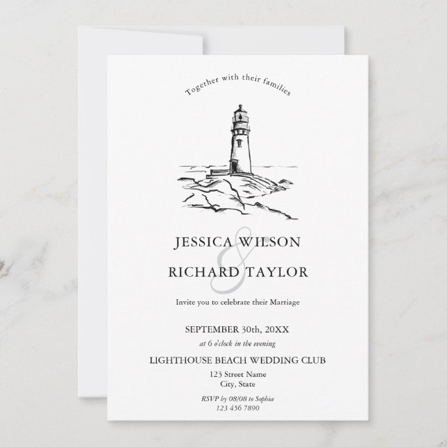 Invitation Illustration du lieu de la plage du phare tiré à l (Devant)