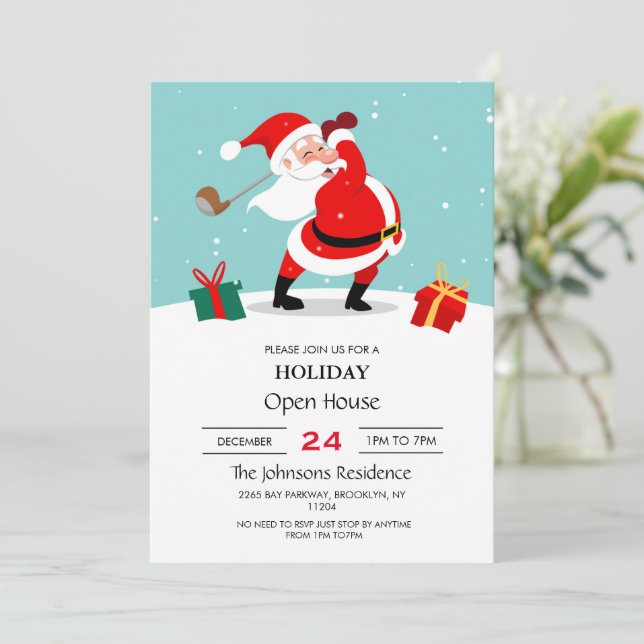 Invitation Illustration du Père Noël mignon jouant au golf.   (Debout devant)