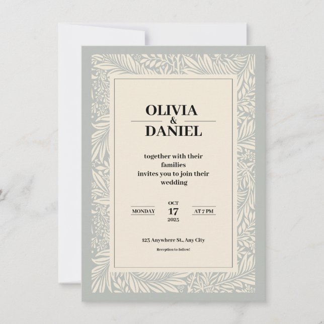Invitation Illustration florale gris-beige (Devant)