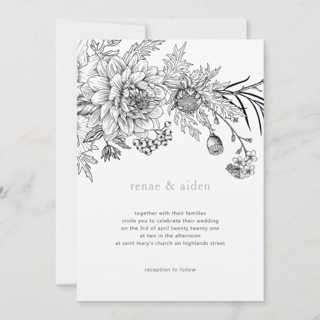 Invitation Illustration florale noir et blanc mariage (Devant)