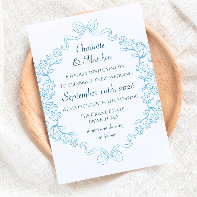 Invitation Illustration Flore & Bow Mariage bleu (Elegant blue floral wedding invitations with classic charm. Customize your formal wedding invite.)